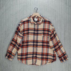 American Eagle Plaid Flannel-Soft 100% Cotton-Boyfriend Fit-Navy-Orange-Sz L